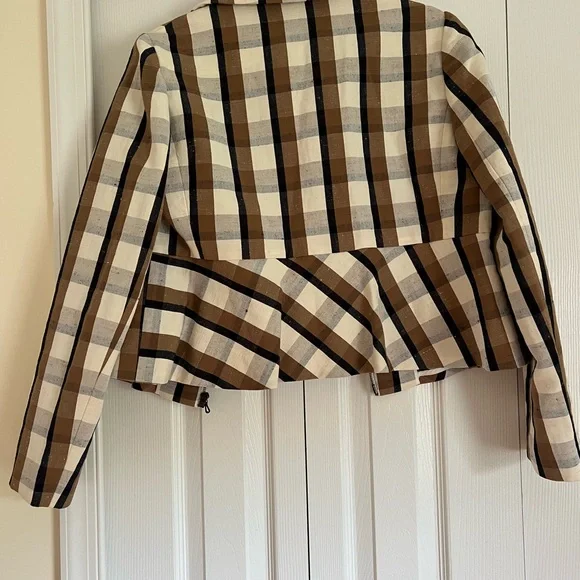 LELA ROSE Plaid Linen & Cotton Crop Jacket in Natural Multi